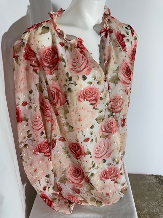Sheer Rose-Print Blouse in Pink and Cream - Women's Floral Top - Picture 7 of 8